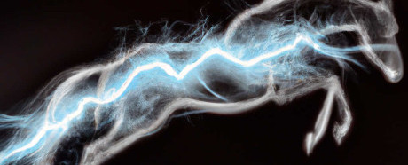 AI image created from text: Black stallion creates thunderbolt of business innovation