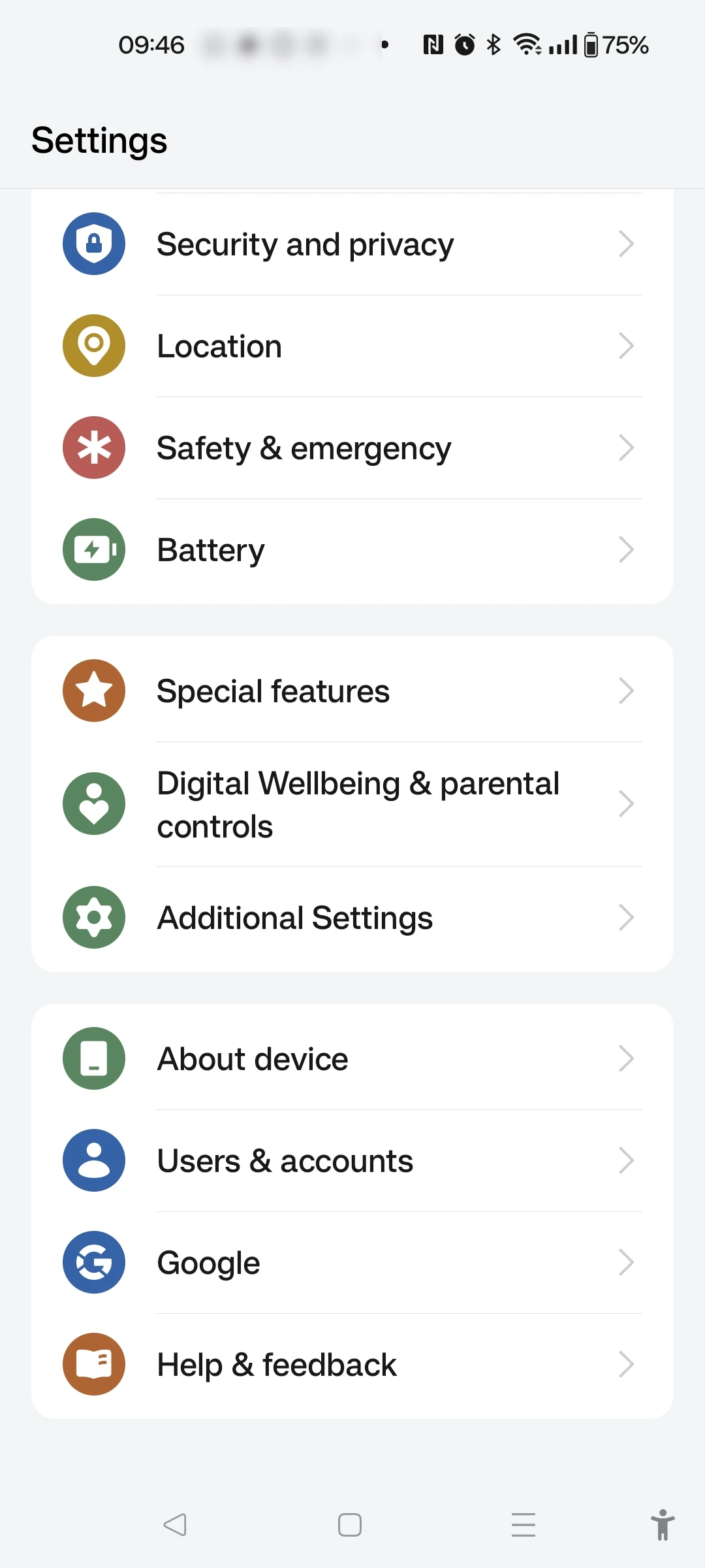 Android settings: first screen