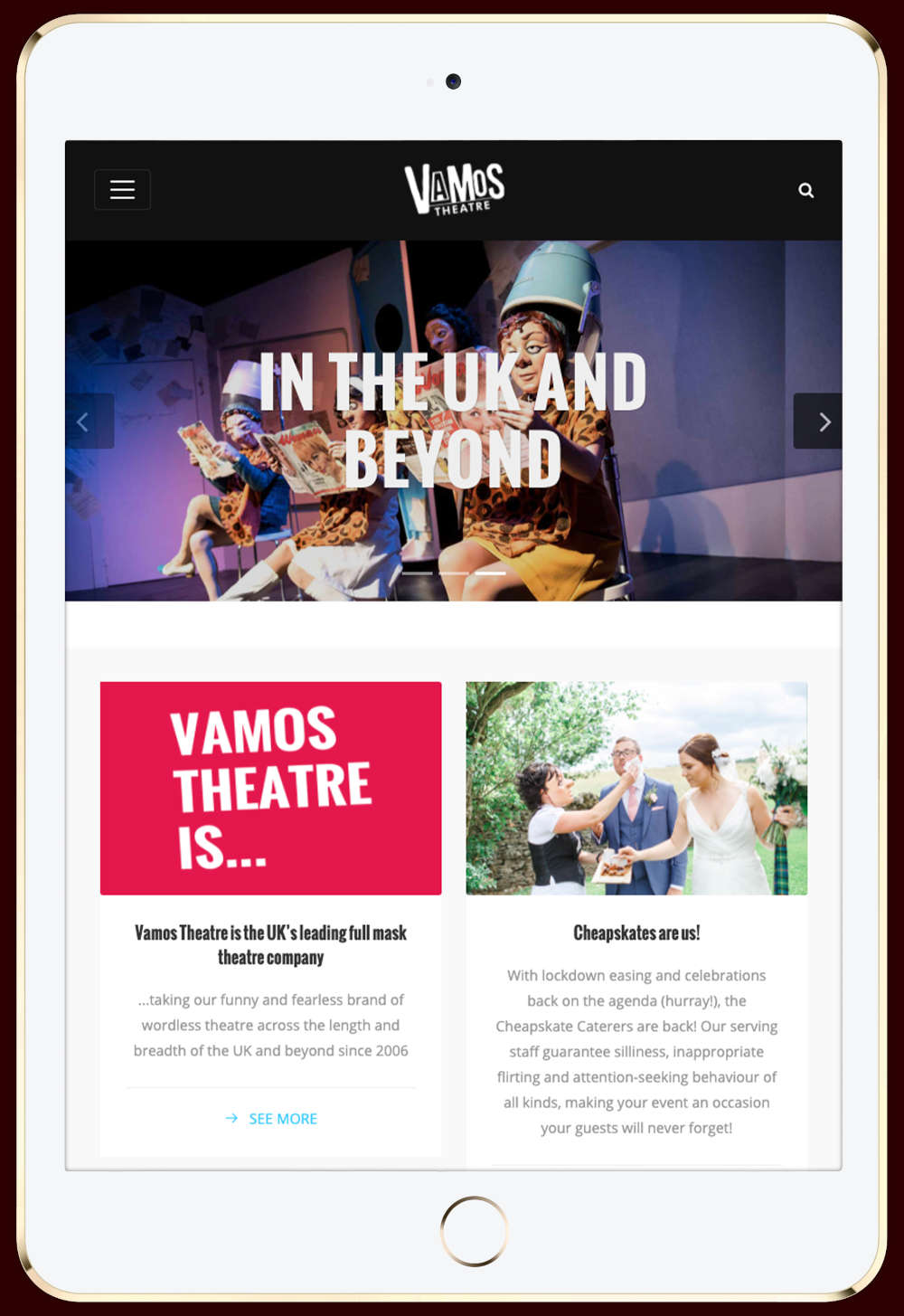 Vamos Theatre home page on tablet