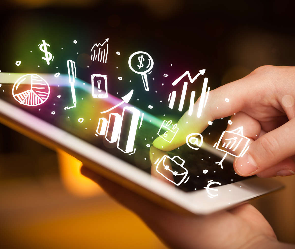 Image of a handheld device with the data rising out from the screen