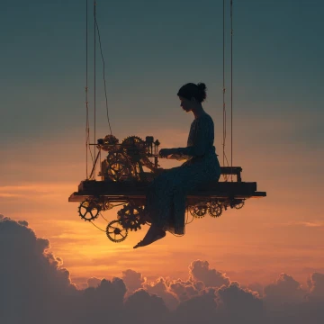 A woman floating on clockwork machine in the sunset