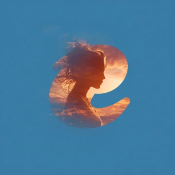 Letter e cut out of blue square showing an image of a woman 