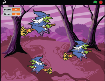 Cartoon image of witches riding broomsticks through a forest