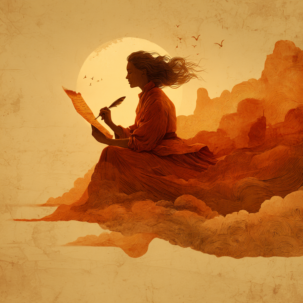 Woman sitting on a cloud writing with a quill pen