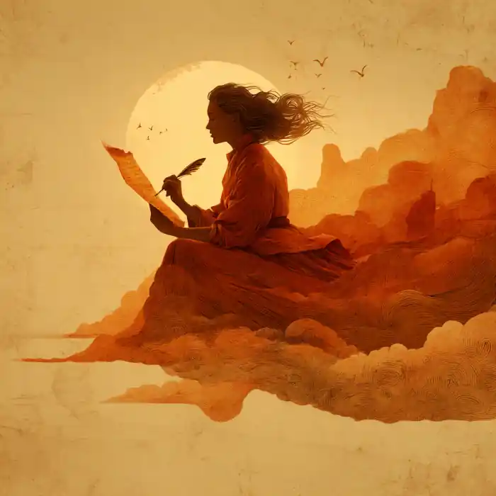 Woman sitting on a cloud writing with a quill pen