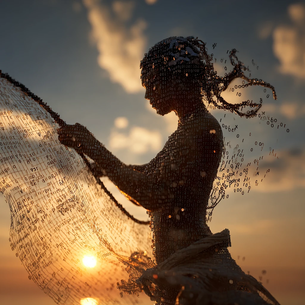 Woman catching binary code with a net