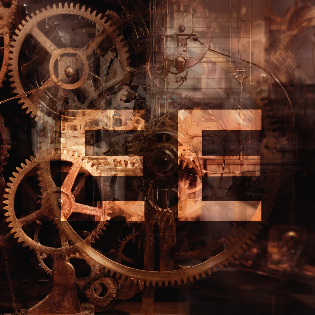 The letters EE inside a clockwork machine