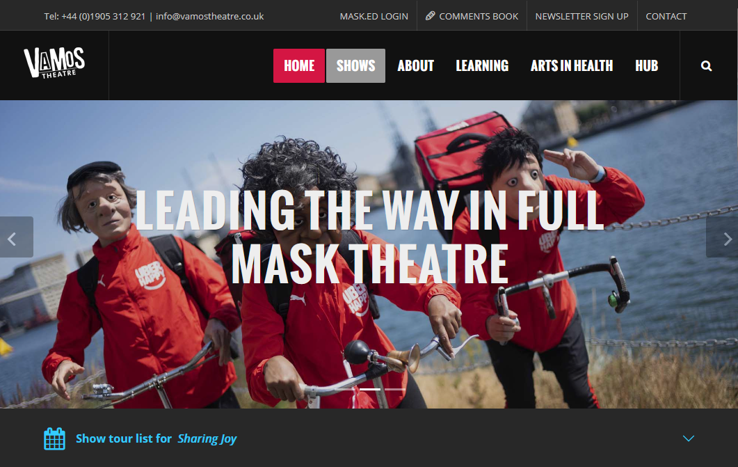 Vamos theatre home page showing delivery cyclists