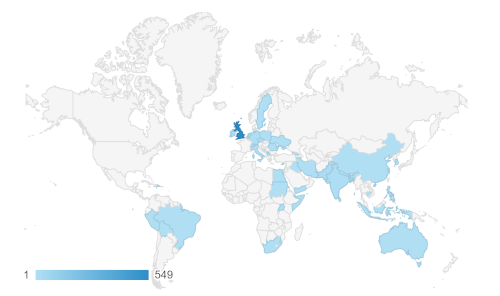 World map with countries shaded in blue to indicate where visitors originate from