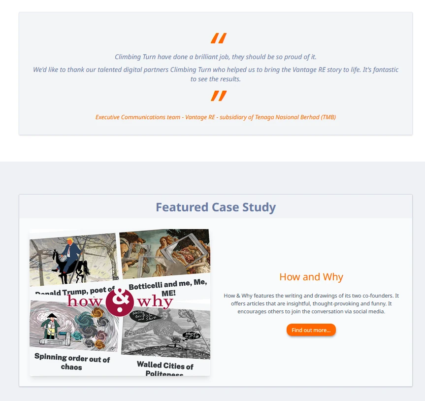 Close up of the home page showing a testimonial and case study panel common components.