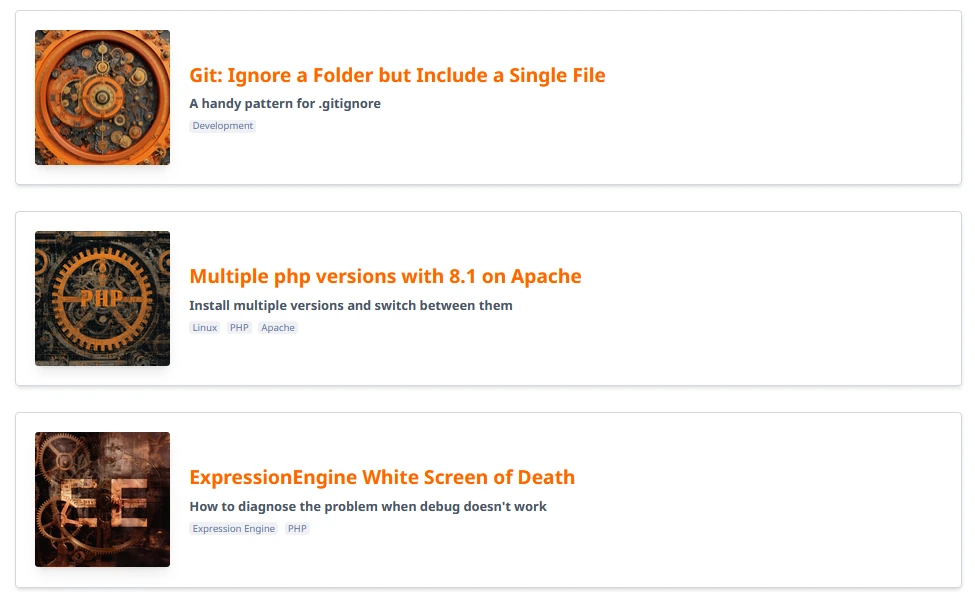 Closeup of a list of links on the website