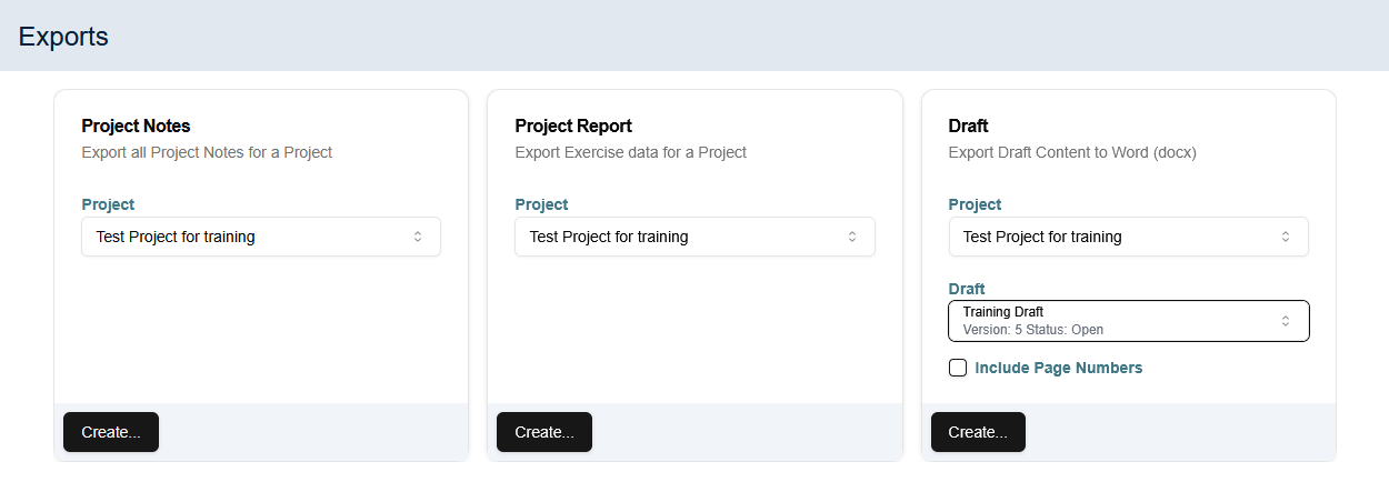 Screenshot of the application's exports