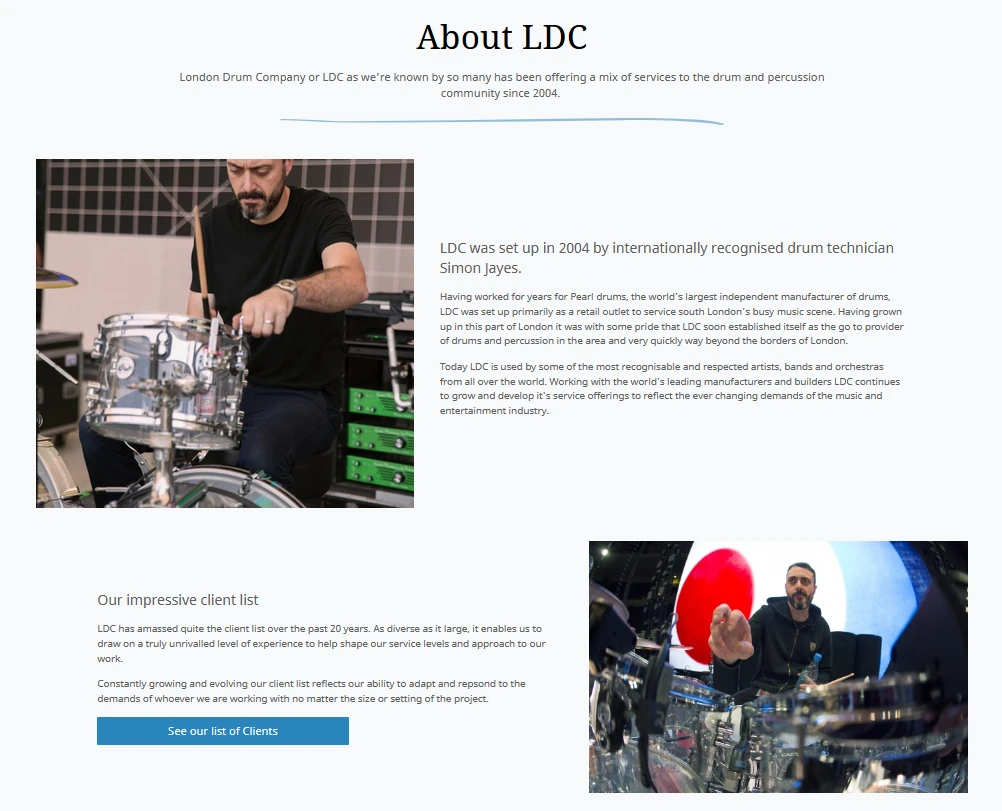 Web page showing Simon Jayes tuning a drum kit.