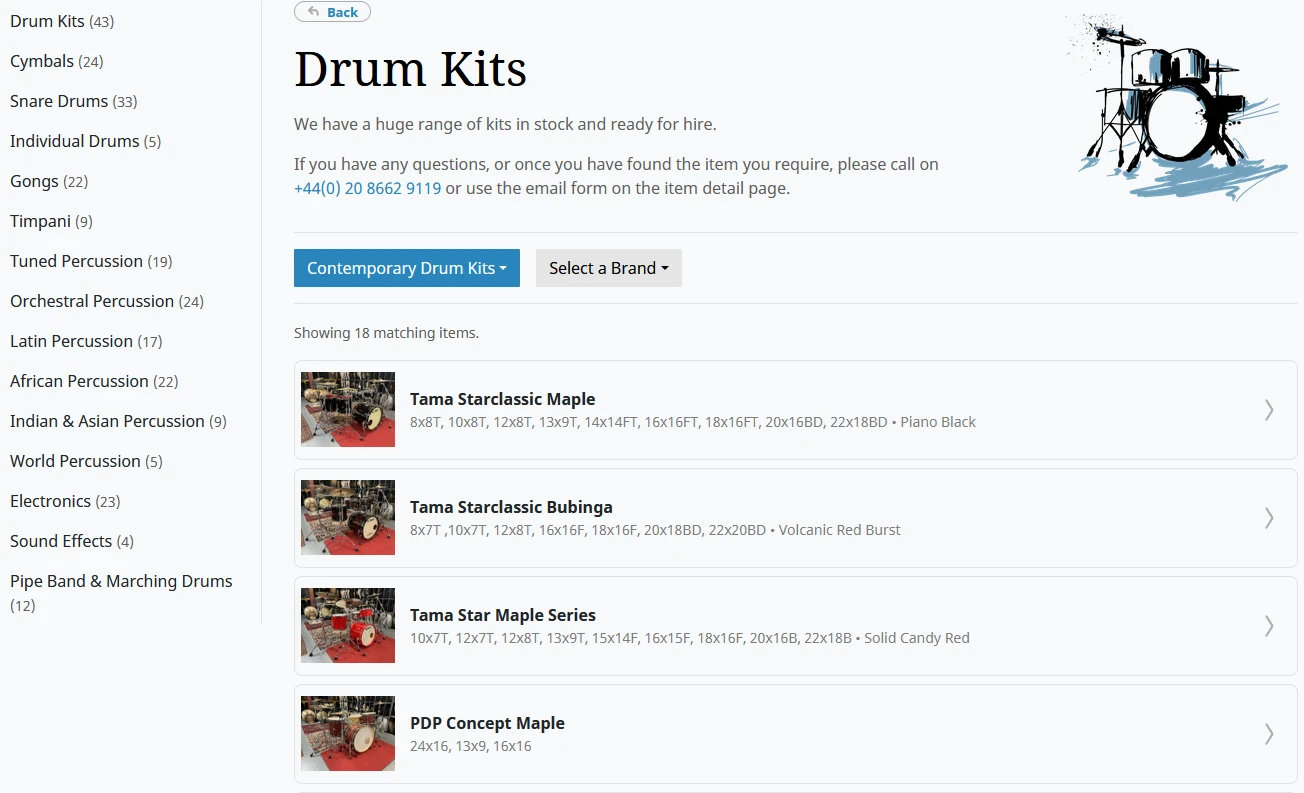 Web page displaying a drum kits catalogue list