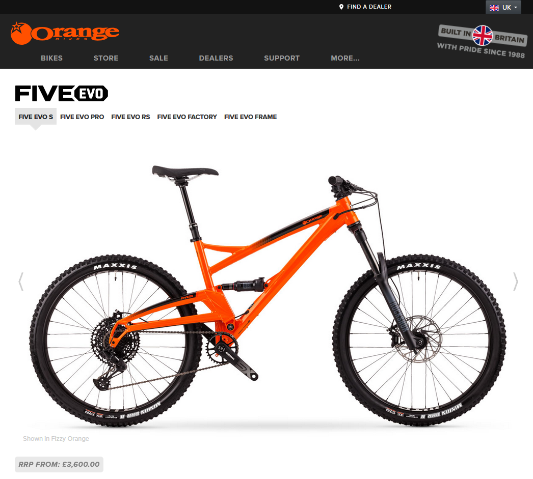 Bike specification page showing a Five Evo mountain bike