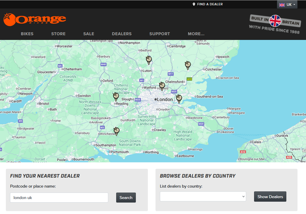 Dealer search page showing locations of dealers as map pins