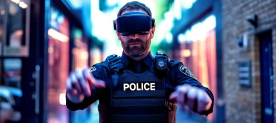 Photo of a policeman wearing a VR headset