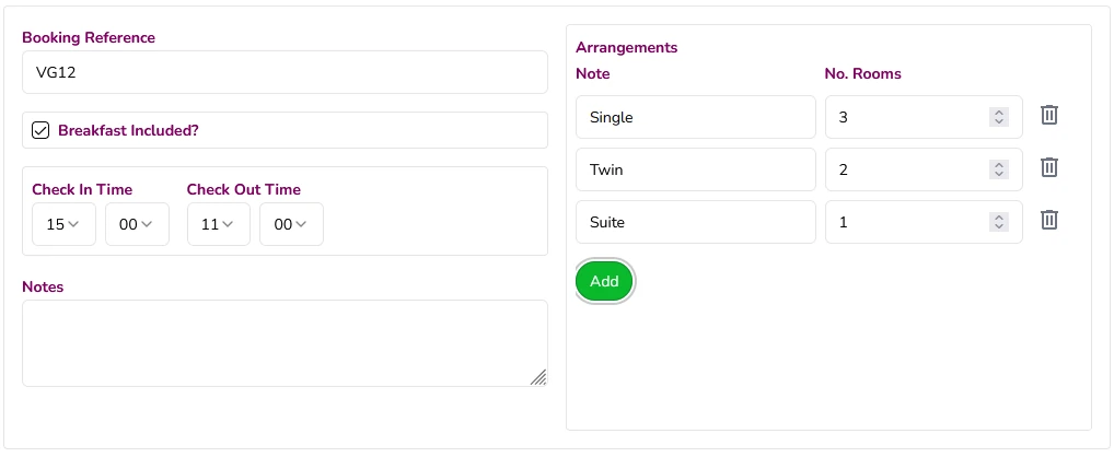 StageSwift's Accommodation editor showing booking reference and room allocations