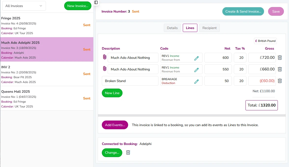 Invoicing screen showing amounts and totals.