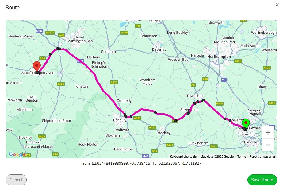 Travel route plotted on a map