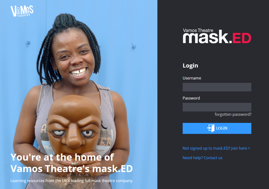 Mask theatre learning resources login screen.