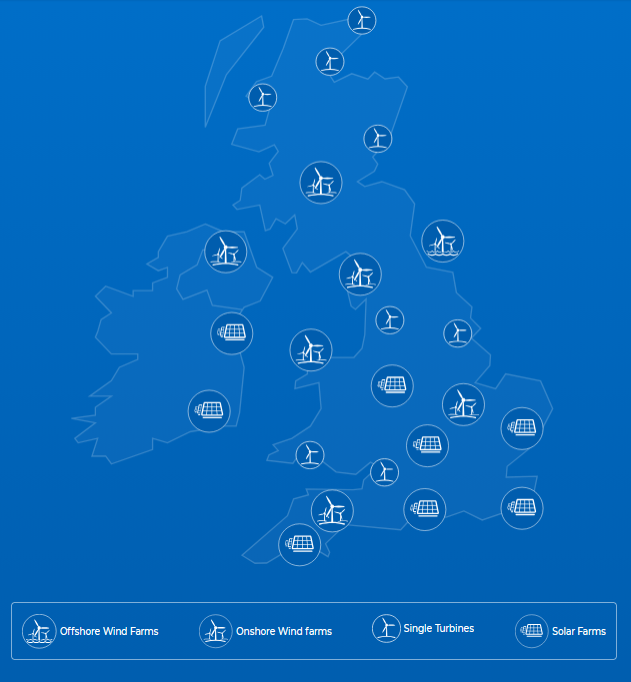 UK solar and wind locations map.