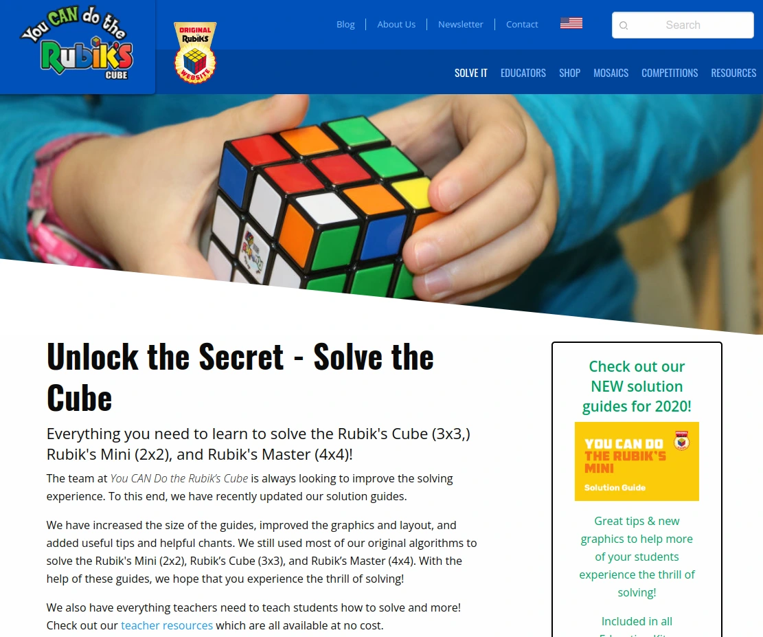 Website home page showing a banner of someone solving the Rubik's Cube